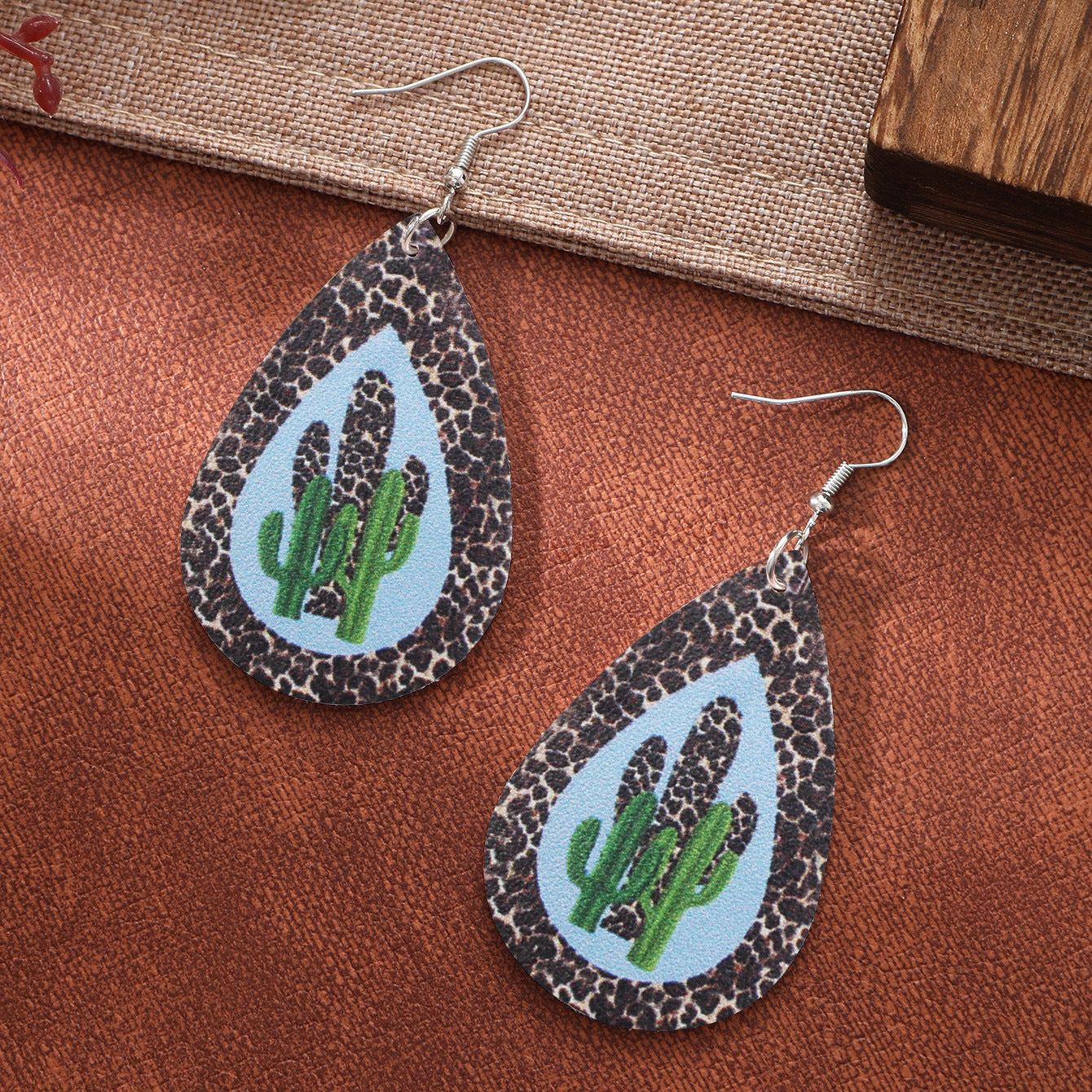 Wholesale Water Drop Guitar Leopard Cactus Leather Earrings